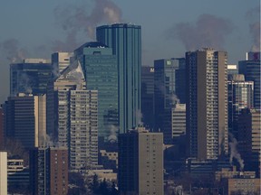 A shrouded view of the downtown Edmonton city skyline on Thursday February 14, 2019.