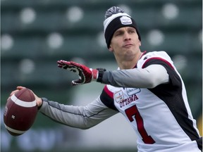 Ottawa Redblacks quarterback Trevor Harris (7) takes part in a team walk though of Commonwealth Stadium in Edmonton, Saturday, November 24, 2018. The Ottawa Redblacks will play the Calgary Stampeders in the 106th Grey Cup on Sunday.