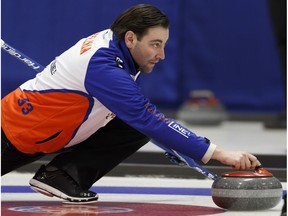 Skip Ted Appelman shoots during a practice for the 2018 Boston Pizza Cup at Grant Fuhr Agrena in Spruce Grove, Alberta on Tuesday, Jan. 30, 2018.