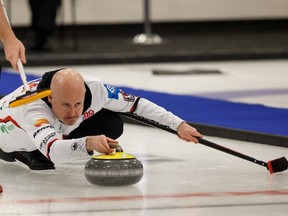 Skip Kevin Koe shoots during the championship game of the 2019 Alberta Boston Pizza Cup Men's Curling Championship between the Appelman and Koe rinks at Ellerslie Curling Club in Edmonton, on Sunday, Feb. 10, 2019.