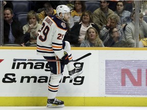 Edmonton Oilers center Leon Draisaitl, of Germany, celebrates after scoring a goal against the Nashville Predators in the first period of an NHL hockey game Monday, Feb. 25, 2019, in Nashville, Tenn.