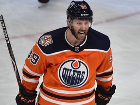 Edmonton Oilers Sam Gagner (89) celebrates scoring his first goal since returning to the Oilers against the New York Islanders during NHL action at Rogers Place in Edmonton, February 21, 2019.