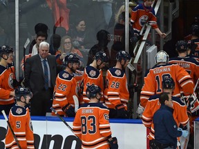 Edmonton Oilers exit the ice after losing to the Chicago Blackhawks 6-2 during NHL action at Rogers Place in Edmonton, February 5, 2019.