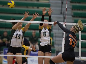 University of Alberta Pandas Jess Stroud and Julia Zonneveld watch as Thomson Rivers Wolfpack's Olga Savenchuk hits the ball past them during women's volleyball playoff action on Friday, Feb. 22, 2019, in Edmonton