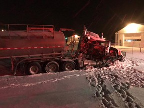 A man was taken to hospital after two semi trucks collided in Eastern Alberta. (Supplied photo)