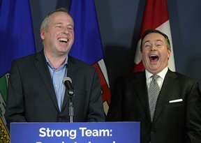 Former Edmonton Eskimos president and CEO Len Rhodes, left, will be the UCP candidate for Edmonton-Meadows in the upcoming provincial election, UCP Leader Jason Kenney said on Thursday, Feb. 21, 2019.