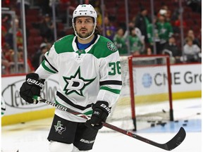 Mats Zuccarello #36 of the Dallas Stars participates in warm-ups before a game against the Chicago Blackhawks at the United Center on February 24, 2019 in Chicago, Illinois.