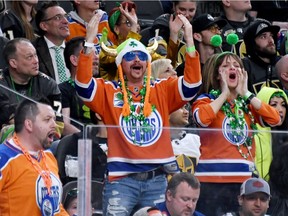 Edmonton Oilers fans react in the third period of the team's game against the Vegas Golden Knights at T-Mobile Arena on March 17, 2019 in Las Vegas, Nevada. The Golden Knights defeated the Oilers 6-3.