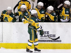 University of Alberta Pandas' Alex Poznikoff (16) celebrates her game winning shoot out goal against the University of Lethbridge Pronghorns during Canada West action at Clare Drake Arena, in Edmonton November 16, 2018.  The Pandas won 1-0 in a shoot out. The Pandas out shot Lethbridge 47 to 13.  Photo by David Bloom
