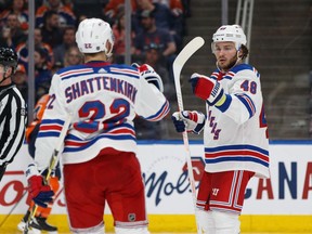New York Rangers' Brendan Lemieux (48) celebrates a goal on the Edmonton Oilers with Kevin Shattenkirk (22) during the second period of a NHL game against the Edmonton Oilers at Rogers Place in Edmonton, on Monday, March 11, 2019.