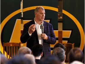 CFL commissioner Randy Ambrosie speaks during a public forum at Boston Pizza Ice District in Edmonton, on Thursday, March 14, 2019. Ambrosie spoke about efforts to grow the league's player base, fan base and number of teams.