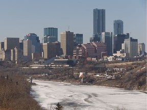 A smoggy downtown Edmonton is seen during an Environment Canada Special Air Quality Statement from Strathearn Park in Edmonton, on Thursday, March 21, 2019.