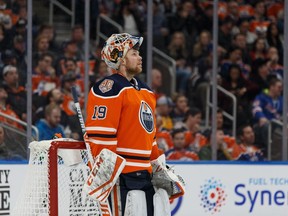 Edmonton Oilers' goaltender Mikko Koskinen (19) is seen taking on the New York Rangers during the second period of a NHL game at Rogers Place in Edmonton, on Monday, March 11, 2019. Photo by Ian Kucerak/Postmedia