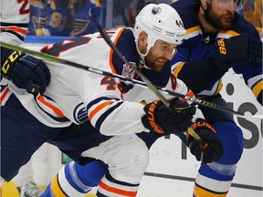 Edmonton Oilers' Zack Kassian during third period action Tuesday, March 19, 2019 in St. Louis.