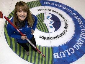 Heather Nedohin poses for a photo at the Glen Allan Recreation Complex as organizers prepare for the start of the Canadian U-18 Curling Championships, in Sherwood Park Sunday March 31, 2019.