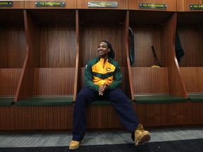Edmonton Eskimos receiver Fred Stamps sits in his locker stall at Commonwealth Stadium in Edmonton, AB., on Feb 12, 2013.   Stamps signed a extension to his contract keep him in Edmonton for through the 2014 season.