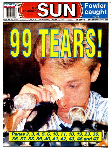 The Edmonton Sun front page for August 10, 1988, the day after Wayne Gretzky was traded  (and sold) to the LA Kings by Edmonton Oilers owner Peter Pocklington on Aug. 9, 1988. Photo featured on the front page captured  by Perry Mah/Edmonton Sun
