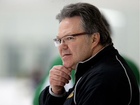 Brandon Wheat Kings head coach Kelly McCrimmon leads a team practice at Clareview Recreation Centre in Edmonton on March 29, 2016.