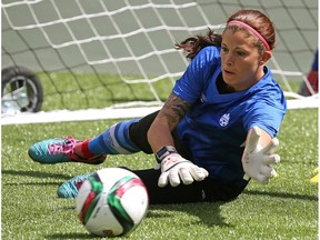 FILE PHOTO: Team Canada's goalkeeper Stephanie Labbe made two saves in a penalty shootout to give Canada the win against Sweden at the Algarve Cup in Portugal on Wednesday.