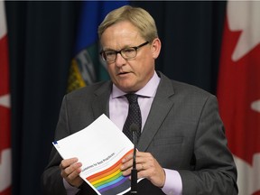 Education Minister David Eggen releases Guildlines for Best Practices: Creating Learning Environments that Respect Diverse Sexual Orientations, Gender Expressions and Gender Identities at the Albera legislature in 2016.