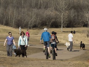Cyclists and dog walkers meet in a warm spring afternoon in Dawson Park in Edmonton, on Monday, April 23, 2018. Photo by Ian Kucerak/Postmedia