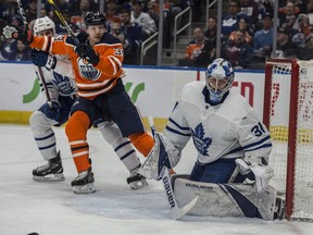 Alex Chiasson (39) of the Edmonton Oilers, watches the rebound off the pads of goalie goalie Frederik Andersen goalie Frederik Andersen (31) of the Toronto Maple Leafs at Rogers Place in Edmonton on March 9, 2018.