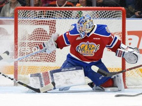 Edmonton Oil Kings goaltender Dylan Myskiw kicks out his right pad for a save during Game 3 of the Western Hockey League’s Eastern Conference quarter-final series against the Medicine Hat Tigers on Tuesday, March 26, 2019 at the Canalta Centre in Medicine Hat.