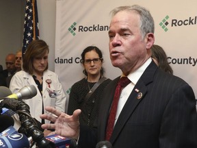 Rockland County Executive Ed Day speaks to the media Tuesday, March 26, 2019 at his New City, N.Y., office. Day announced a state of emergency that bars minors who were not vaccinated against measles from public spaces in Rockland County.