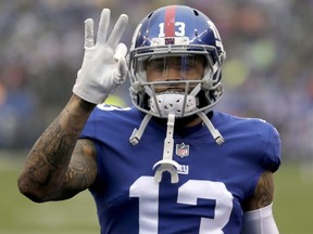 In this Dec. 2, 2018, file photo, New York Giants wide receiver Odell Beckham Jr. gestures prior to the team's game against the Chicago Bears in East Rutherford, N.J.