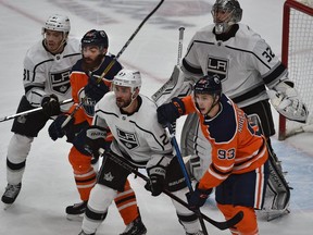 Edmonton Oilers Joe Gambardella (L) was on Ryan Nugent-Hopkins (93) line against the Los Angeles Kings during NHL action at Rogers Place in Edmonton, March 26, 2019.