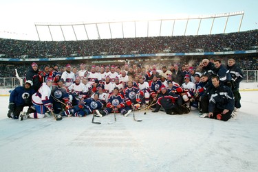 Edmonton Alta, Nov 22, 2003. Members of the Edmonton Oilers legends and the Montreal Canadiens after playing in the 2003 Legends Game at the Commonwealth Stadium in front of 57,167 fans. Later that day the 2003 Heritage Classic was played between the Edmonton Oilers and Montreal Canadiens, it was the NHLs first-ever outdoor regular season game. Perry Mah/Edmonton Sun