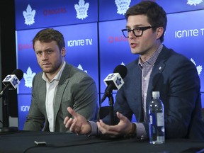 Toronto Leafs defenceman Morgan Rielly and GM Kyle Dubas hold a press conference to announce that Reilly didn't utter a homophobic slur on Tuesday March 12, 2019.