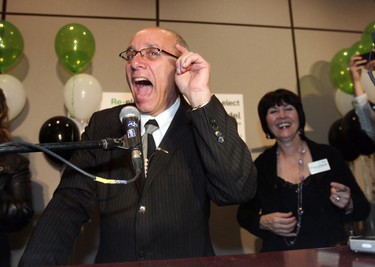 Stephen Mandel speaks to the crowd and media after his victory speech at the Sutton Hotel in downtown Edmonton on Oct 18th, 2010. Perry Mah/Postmedia