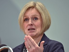 Premier Rachel Notley held an advanced news conference with highlights for the upcoming 2019 throne speech in the afternoon, in Edmonton, March 18, 2019.