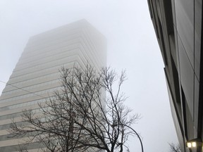 The former Enbridge building enveloped in fog on Saturday, March 23, 2019.