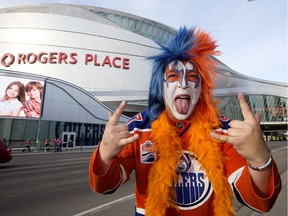 Oilers fan Dustin Greanya poses for a photo prior to the Edmonton Oilers and San Jose Sharks NHL playoff game at Roger Place on April 20, 2017.