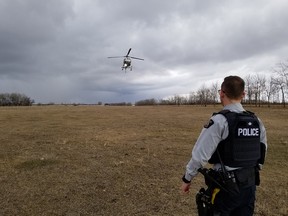 St Paul County, Alberta – On April 15, 2019, a joint effort was conducted by the St Paul RCMP and Eastern Alberta District Rural Crime Reduction Unit with the assistance of Cold Lake Police Dog Services and RCMP Air Services to seek out and apprehend property crime offenders. Image supplied.