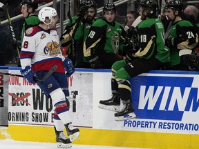 Edmonton Oil Kings forward Vince Loschiavo celebrates his goal in front of the Prince Albert Raiders bench during Game 3 WHL Eastern Conference Championship second period action at Rogers Place, in Edmonton Tuesday April 23, 2019.
