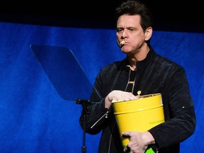 Jim Carrey appears on stage during the CinemaCon Paramount Pictures Exclusive Presentation at the Colosseum Caesars Palace on April 4, 2019, in Las Vegas, Nevada. (VALERIE MACON/AFP/Getty Images)
