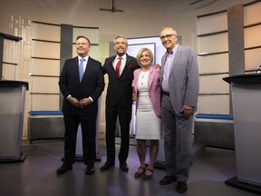 United Conservative Party Leader Jason Kenney, left, Alberta Liberal Party Leader David Khan, Alberta New Democrat Party Leader Rachel Notley and Alberta Party Leader Stephen Mandel at the 2019 Alberta Leaders Debate in Edmonton on Thursday, April 4, 2019.