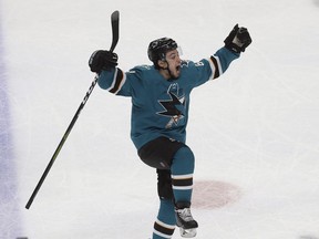 San Jose Sharks right wing Kevin Labanc (62) celebrates after scoring a goal against the Vegas Golden Knights during the third period of Game 7 of an NHL hockey first-round playoff series in San Jose, Calif., Tuesday, April 23, 2019.