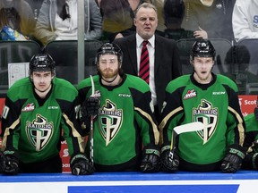 Prince Albert Raiders head coach Marc Habscheid during Game 3 WHL Eastern Conference Final first period action against the Edmonton Oil Kings at Rogers Place, in Edmonton Tuesday April 23, 2019.