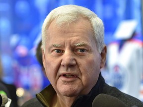 Oilers head coach Ken Hitchcock speaks to the media as players clean out their lockers at Rogers Place in Edmonton, April 7, 2019.