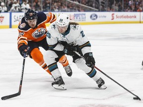 San Jose Sharks' Marcus Sorensen (20) is chased by Edmonton Oilers' Leon Draisaitl (29) during first period NHL action in Edmonton, Alta., on Thursday April 4, 2019.