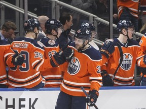 Edmonton Oilers' Leon Draisaitl (29) celebrates a goal against the San Jose Sharks during first period NHL action in Edmonton, Alta., on Thursday April 4, 2019.