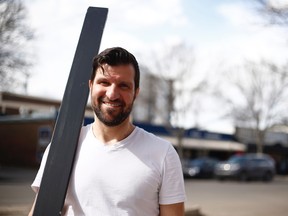 Jeff Halaby of Spotlight Cabaret poses for a photo in Edmonton on April 13, 2019. Halaby, known colloquially as “2x4 Guy”, intervened with other Whyte Avenue people after a man set fire to 13 cars on April 12, 2019.	IAN KUCERAK / POSTMEDIA