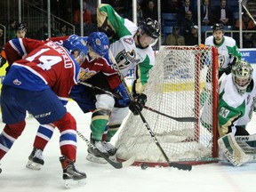 Edmonton Oil Kings Quinn Benjafield (14) and Zach Russell (29) battle for the puck at the side of the net against Prince Albert Raiders Zack Hayes (5) and  goalie Ian Scott.