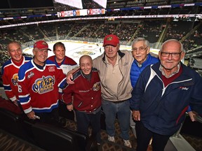 Former or original Oil Kings gather to watch a game against the Calgary Hitmen during WHL second round playoff action at Rogers Place in Edmonton, April 7, 2019.