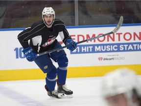 Matthew Robertson (22). The Edmonton Oil Kings practiced at Rogers Place on April 22, 2019 in Edmonton.  Game 3 of the Eastern Conference Championship goes Tuesday at Rogers Place.