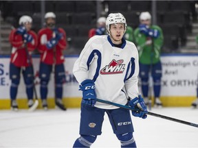 Jake Neighbours was on the ice as the Edmonton Oil Kings practiced at Rogers Place on Monday, April 22, 2019, in Edmonton. Game three of the Eastern Conference Championship goes tomorrow night at Rogers Place.